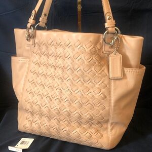Coach woven leather tote bag EUC 12” x 12” palest pink tan color Rare